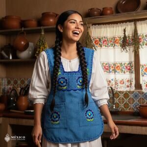 Blue Mexican Embroidered Smock Apron – Floral Traditional Design for Women